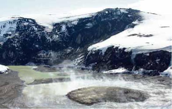 Hot water surrounded by ice.