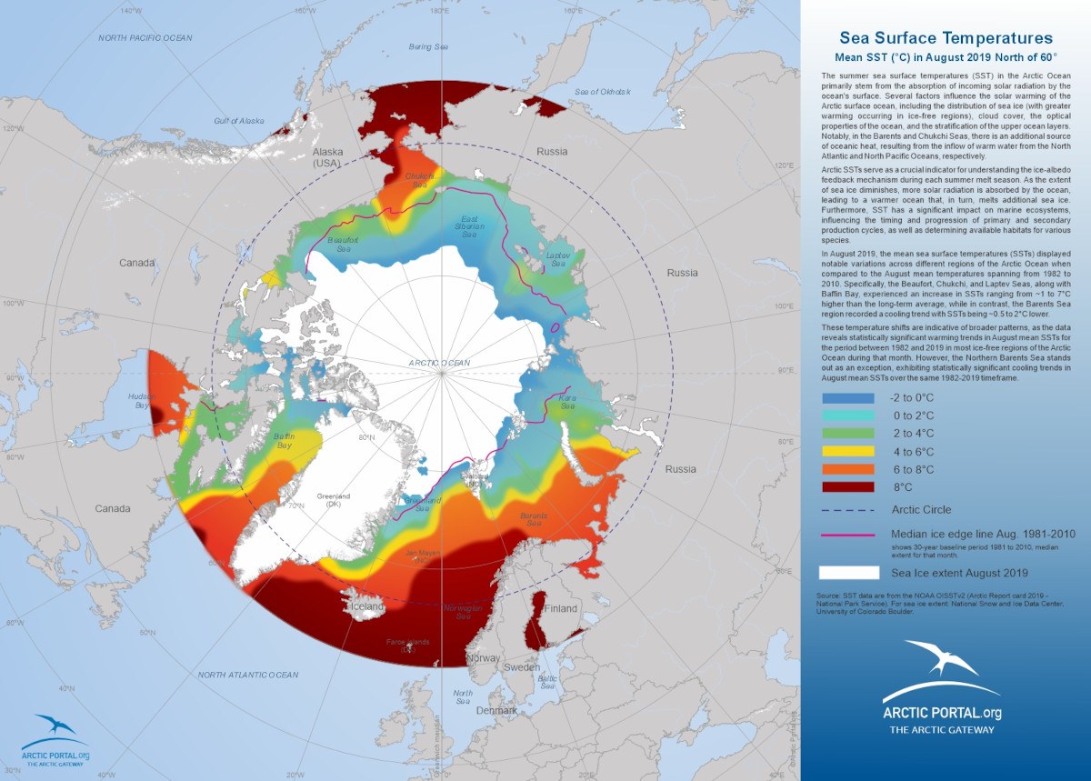 Arctic Portal Map - Sea Surface Temperature in August 2019 North of 60°