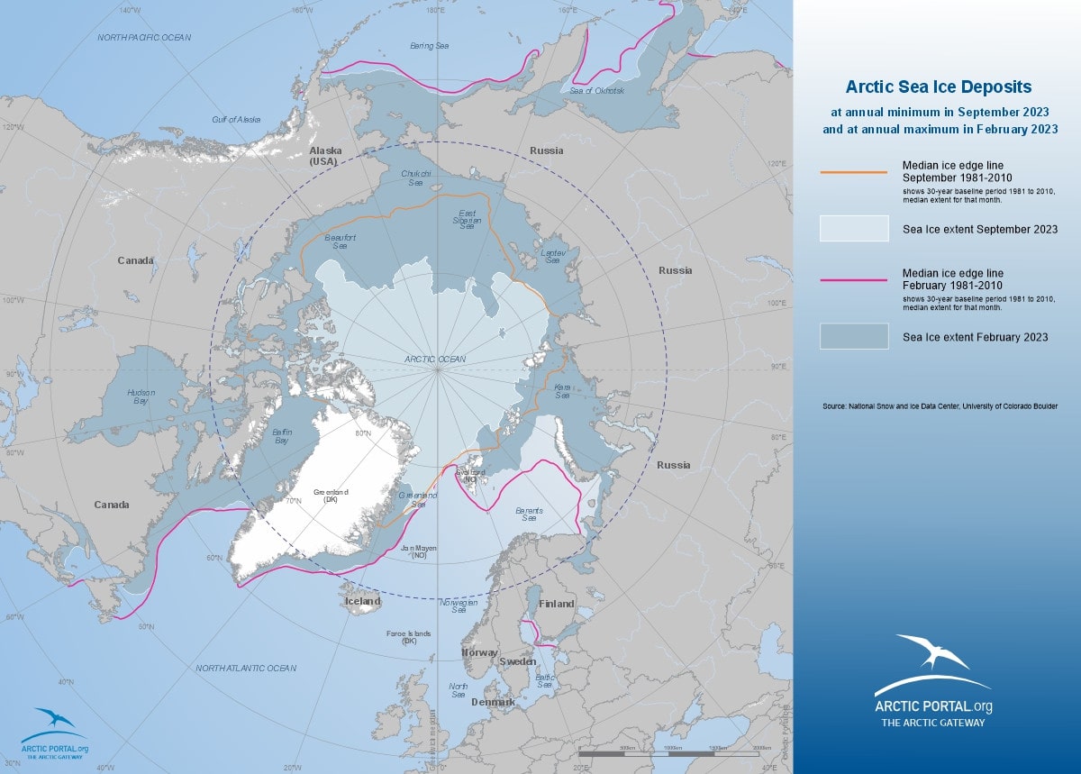 Arctic Portal Map - Annual minimum September 2023 and annual maximum February 2023 and at annual maximum in February 2023