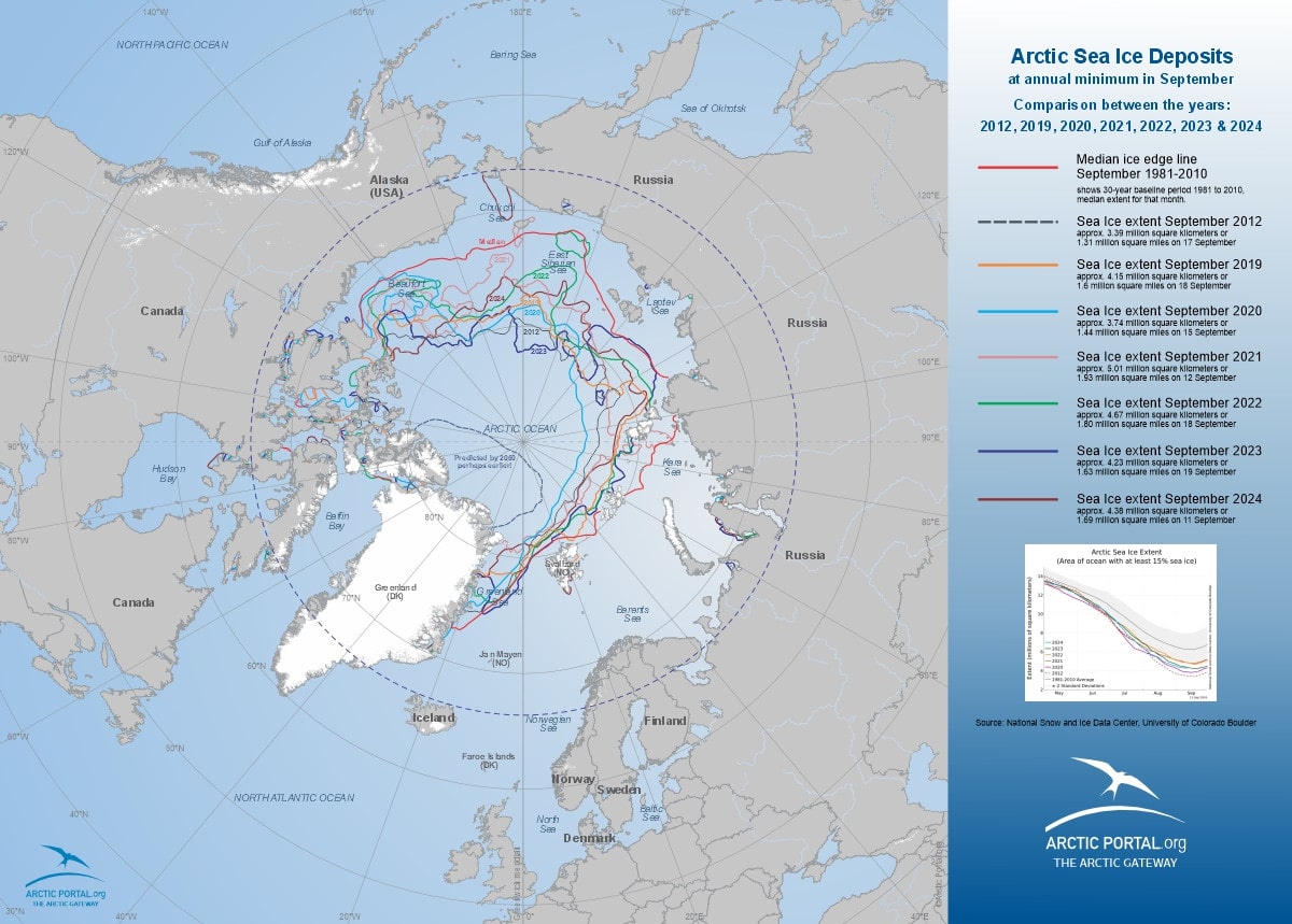 Arctic Portal Map - Arctic Sea Ice Deposits at annual minimum in September - Comparison between the years: 2012, 2019, 2020, 2021, 2022, 2023 & 2024