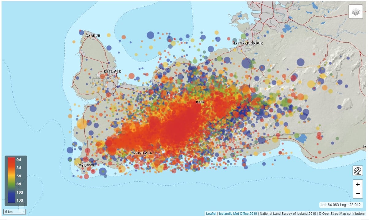 Recorded seismic activity in the past 13 days in Iceland
