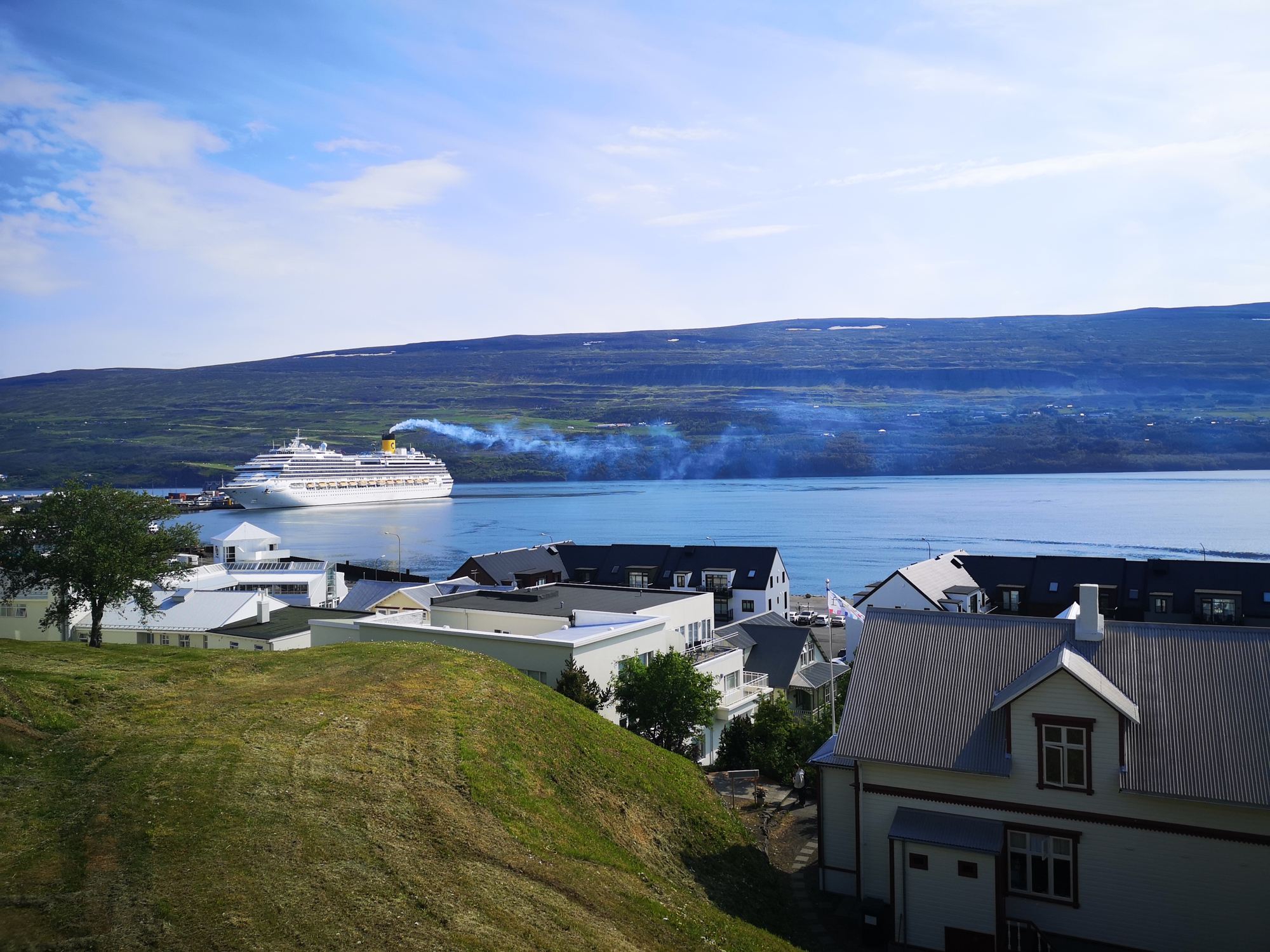 Cruise Ship docked at the harbor of Akureyri in summer 2023