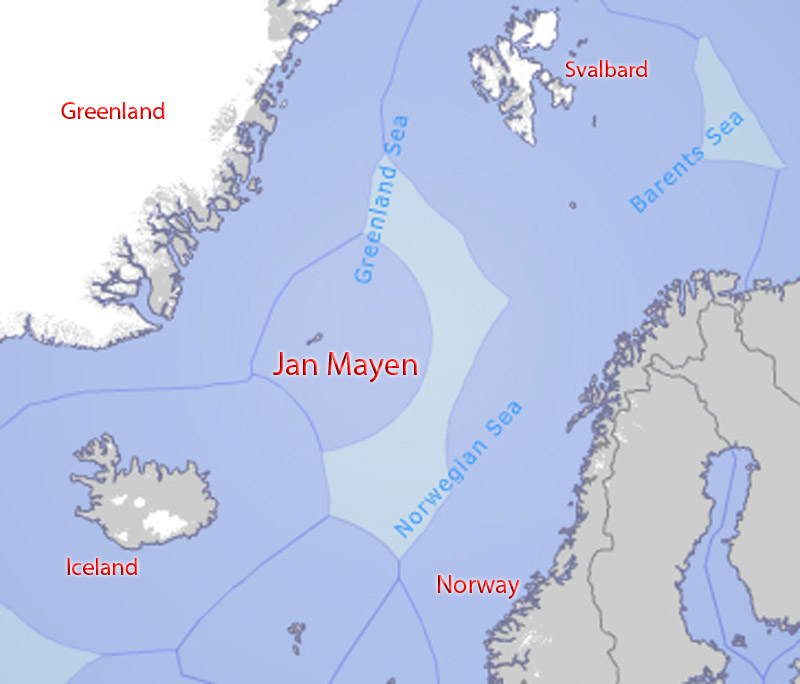 Map of Jan Mayen and the Exclusive Economic Zones around the island and the EEZ“s of the neighbouring countries.